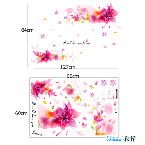 Transparent wall sticker สติ๊กเกอร์ติดผนัง ดอกลิลลี่ชมพูม่วง (กว้าง127cm.xสูง84cm.)