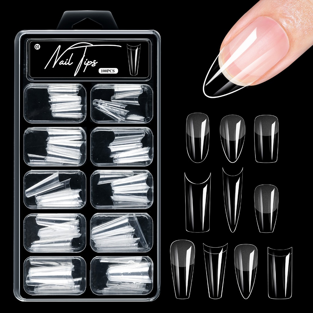 เล็บปลอม แบบใส ต่อปลาย เต็ม ครึ่ง หลายทรง (100 ชิ้น) Nail Transparent PVC Extension Nail Tips (100 PCS)