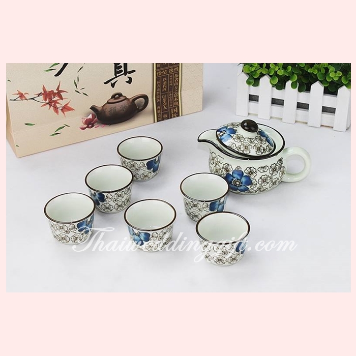 ชุดกาน้ำชาพร้อมถ้วย 6 ใบ เนื้อดี สีฟ้า แพ็คกล่องสวยหรู