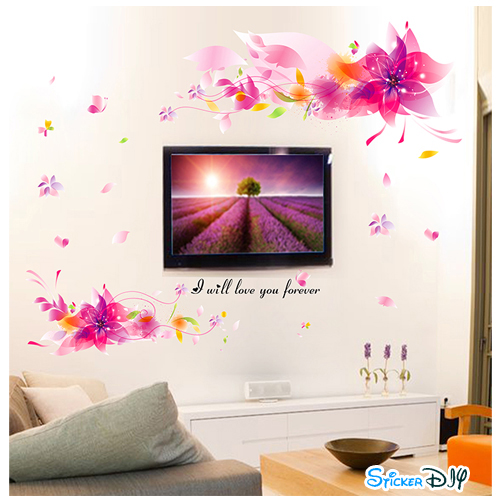 Transparent wall sticker สติ๊กเกอร์ติดผนัง ดอกลิลลี่ชมพูม่วง (กว้าง127cm.xสูง84cm.)
