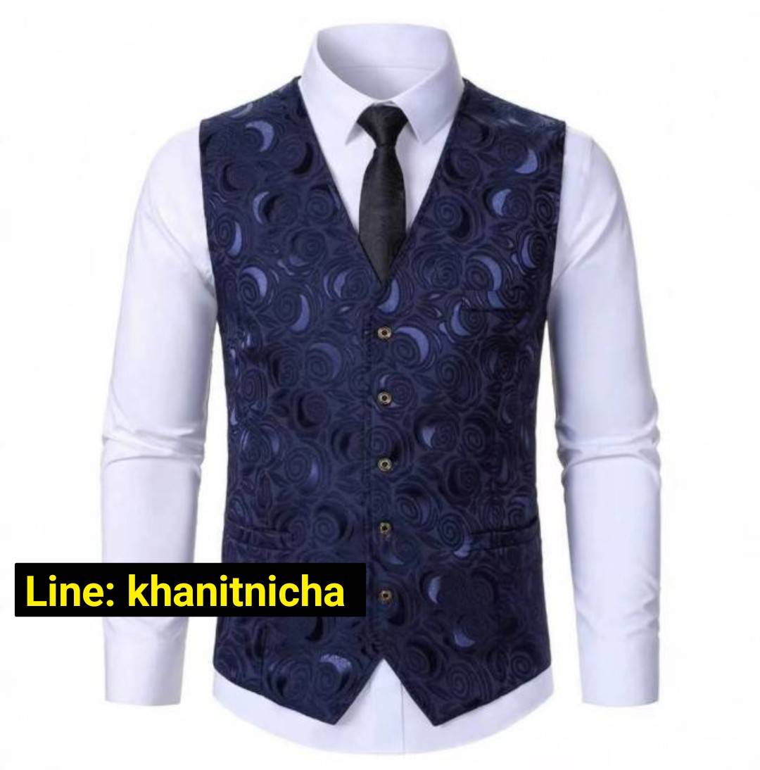 เสื้อกั๊กสูททรงสลิมสำหรับผู้ชาย ทรงไขว้ ดีไซน์ Jacquard ลายดอกมะม่วงหิมพานต์ เสื้อกั๊กสูทสำหรับผู้ชาย