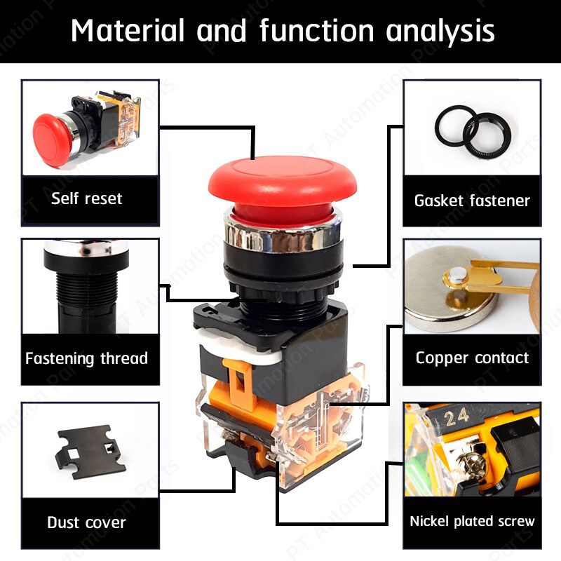 Mushroom Push Button Switch LA38-11M Self Reset ø22mm 10A 440V 1NO/1NC สวิตช์หัวเห็ด สวิตช์ปุ่มกด กดติดปล่อยดับ มีให้เลือก 2แบบ สีเขียว สีแดง