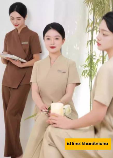 ชุดนวดสปา ชุดคลินิกความงาม ชุดพนักงานเสริมสวย สีครีม สีขาว สีน้ำตาล สีดำ