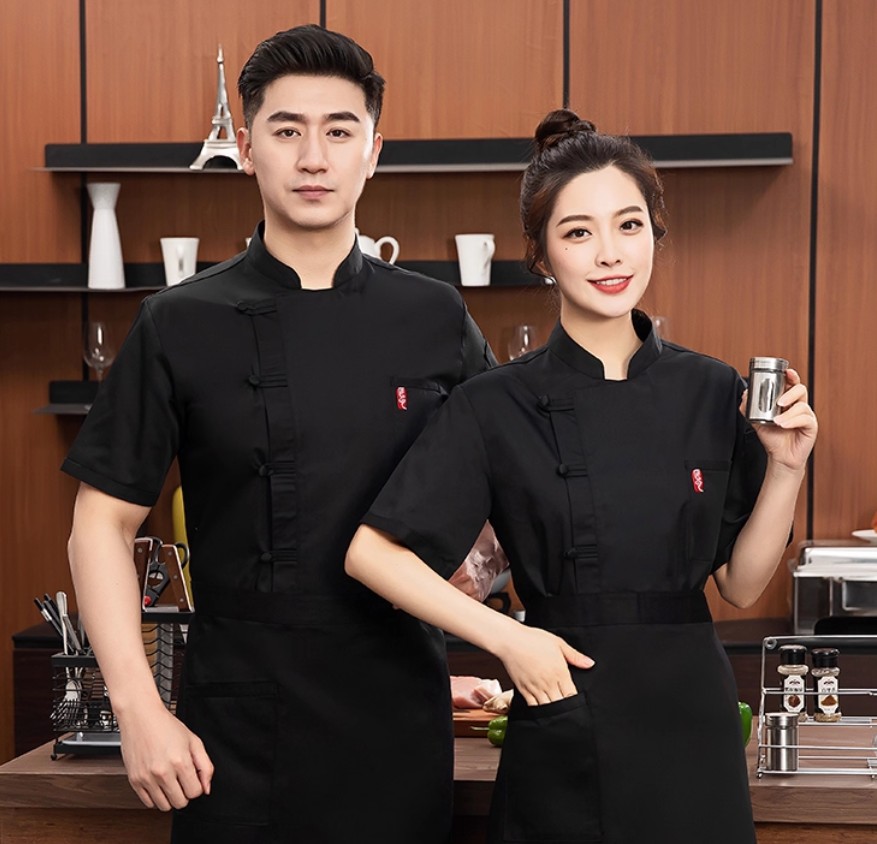 เสื้อเชฟสไตล์จีนติดกระดุมแขนสั้น เสื้อเชฟร้านอาหาร ด้านหลังเป็นผ้าระบายอากาศ