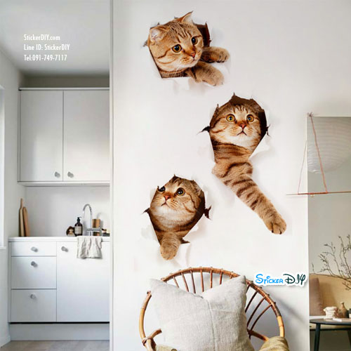 Wall Sticker สติ๊กเกอร์ติดผนัง 3D Three Kittys (กว้าง73cm.xสูง40cm)