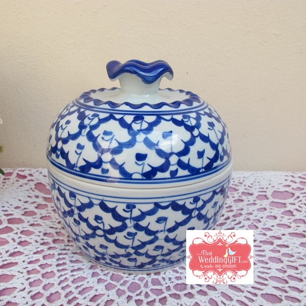 โถข้าว 6 นิ้ว ห่อผ้าลายทอง ผูกโบว์ติดดอกไม้ พร้อมป้ายชื่อ