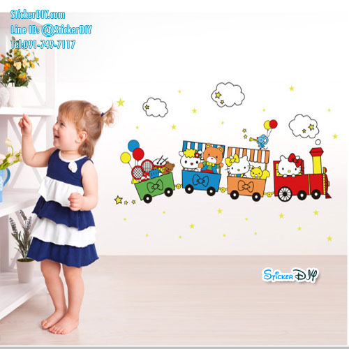 Transparent Wall Sticker สติ๊กเกอร์ติดผนัง Hello kitty in train (กว้าง105cm.xสูง75cm.)