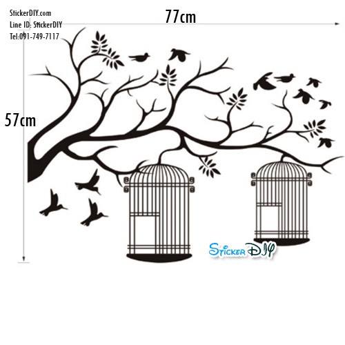 Vinyl wall sticker สติ๊กเกอร์ติดผนัง กิ่งไม้กรงนกคู่ (กว้าง77cm.xสูง57cm.)
