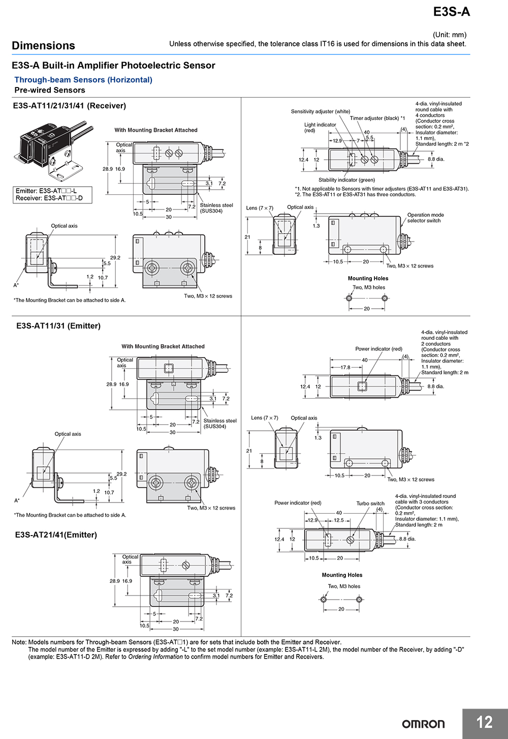 Photoelectric Sensor OMRON E3S-AT11 2M Built-in Amplifier, Input 10- 30VDC, Output NPN, Emitter + Receiver, ระยะจับ 7M สายยาว 2M