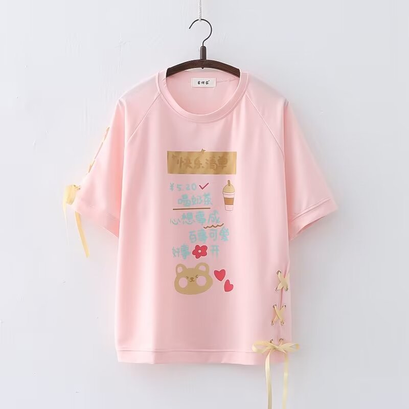 P2998 เสื้อแฟชั่น ผ้ายืดเนื้อนิ่มแขนปีกนก แต่งโบว์ 2 สี ขาว ชมพู