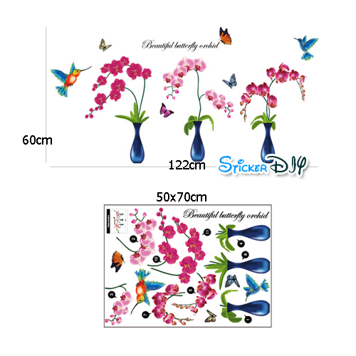 Transparent wall sticker สติ๊กเกอร์ติดผนัง 3D แจกันกล้วยไม้ (กว้าง122cm.xสูง60cm.)