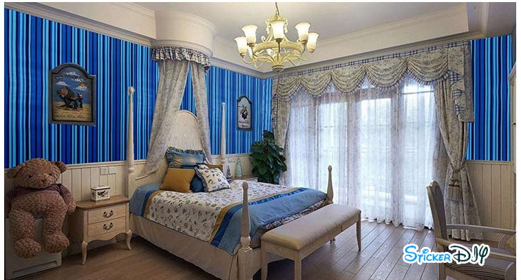 (หน้ากว้าง45cm.xยาว10m.) Wallpaper sticker วอลเปเปอร์แบบกาวในตัว Line สไตล์B สีฟ้า