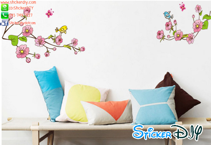Transparent wall sticker สติ๊กเกอร์ติดผนัง กิ่งไม้ดอกชมพูและนกคู่ (กว้าง190cm.xสูง50cm.)