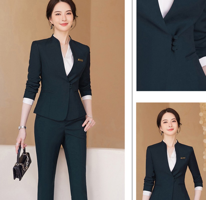 ชุดสูทผู้หญิง ชุดพนักงานร้านขายเครื่องประดับ ชุดพนักงานบริการลูกค้าด้านการขายอสังหาริมทรัพย์ ชุดพนักงานแผนกต้อนรับโรงแรม สีเขียวเข้ม