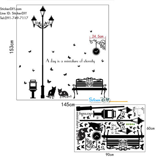 Transparent wall sticker สติ๊กเกอร์ติดผนัง เสาไฟ "Lamp Cat a day" (กว้าง145cm.xสูง153cm.)