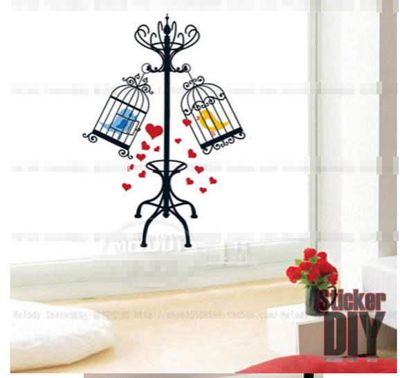 Transparent wall sticker สติ๊กเกอร์ติดผนัง Loving couple birdcage (กว้าง50cm.xสูง77cm.)