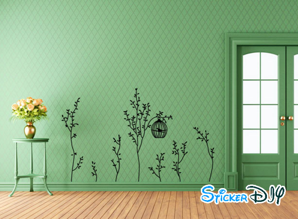 Transparent wall sticker สติ๊กเกอร์ติดผนัง ต้นไม้เล็กกรงนกสีดำ (กว้าง220cm.xสูง150cm.)
