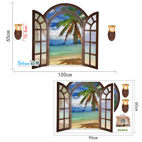 Wall Sticker สติ๊กเกอร์ติดผนังสามมิติ 3D หน้าต่าง BEACH B (กว้าง100cm.xสูง65cm.)