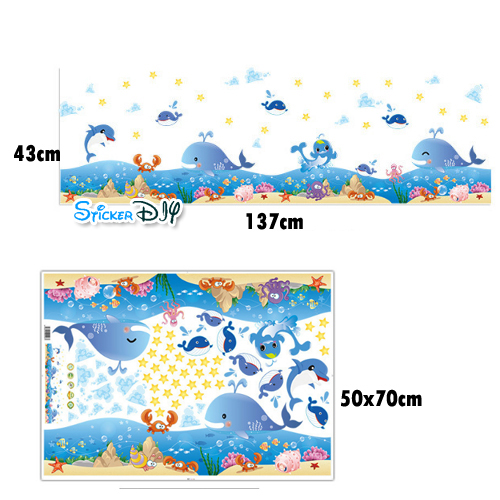 Transparent wall sticker สติ๊กเกอร์ติดผนังแต่งขอบ วาฬเริงร่า (กว้าง137cm.xสูง43cm.)