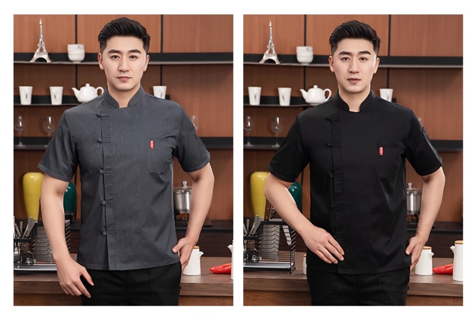เสื้อเชฟสไตล์จีนติดกระดุมแขนสั้น เสื้อเชฟร้านอาหาร ด้านหลังเป็นผ้าระบายอากาศ