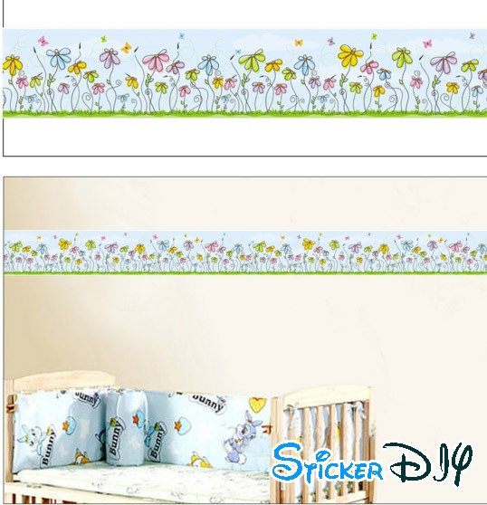 ลดราคา Border Wallpaper sticker วอลเปเปอร์แต่งขอบแบบกาวในตัว ดอกไม้สีฟ้า (กว้าง13cmxxยาว5m.)