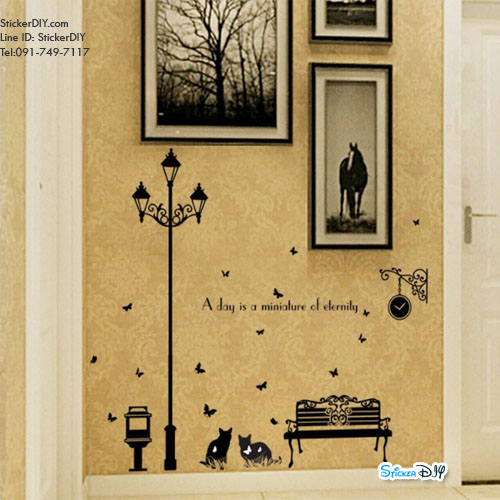 Transparent wall sticker สติ๊กเกอร์ติดผนัง เสาไฟ "Lamp Cat a day" (กว้าง145cm.xสูง153cm.)