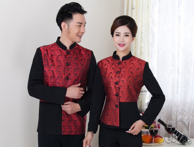 ชุดพนักงานเสริฟแบบแขนยาว ชุดพนักงานร้านอาหารสไตล์จีนแบบแขนยาว ชุดพนักงานห้องอาหารโรงแรม