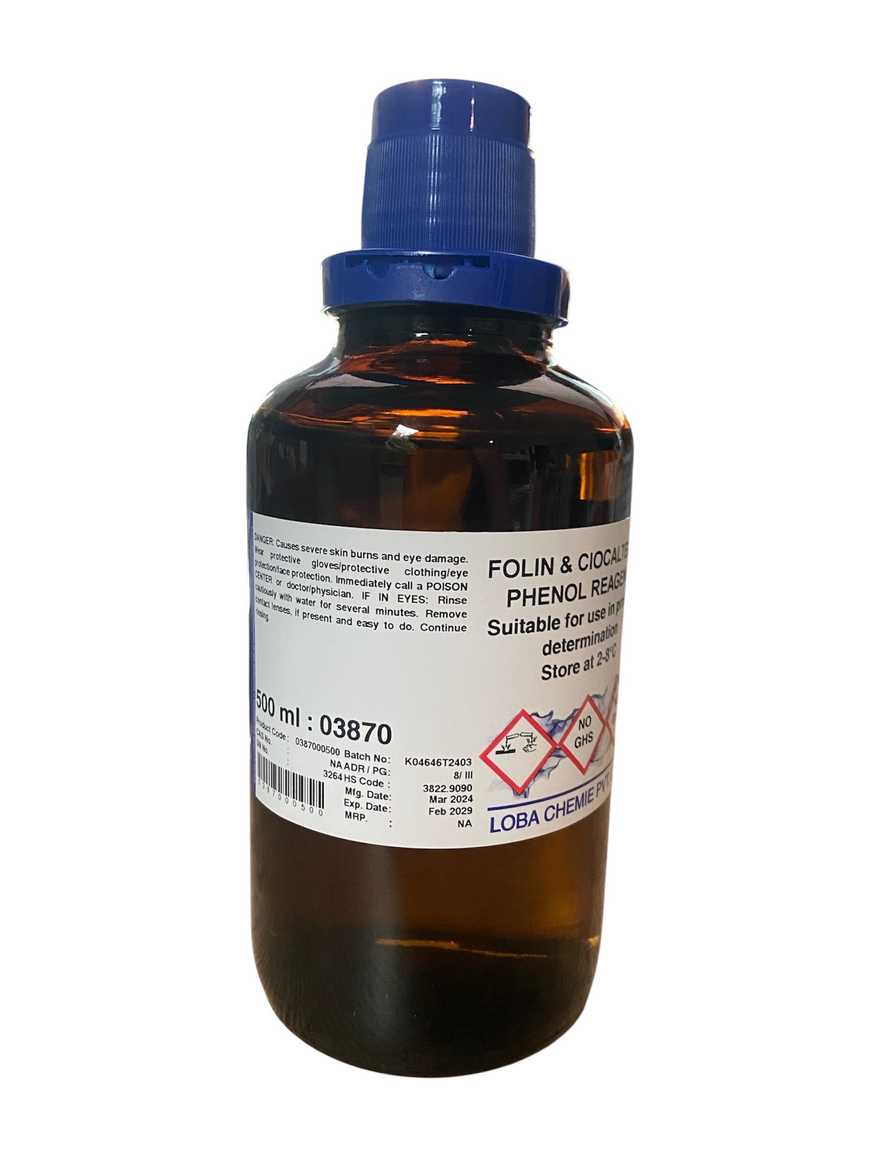 Folin & Ciocalteu's (Phenol Reagent) Liquid ,500ml #0387000500 - Loba Chemie (India)