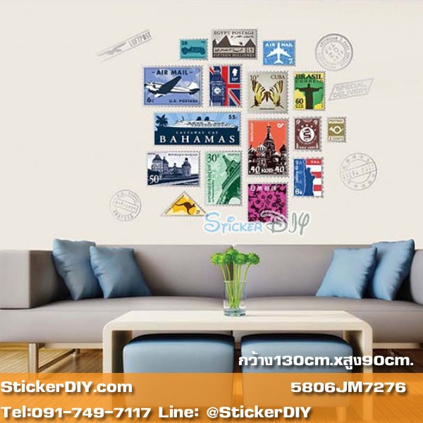 Transparent wall sticker สติ๊กเกอร์ติดผนัง Stamps สไตล์ A (กว้าง130cm.xสูง90cm.)
