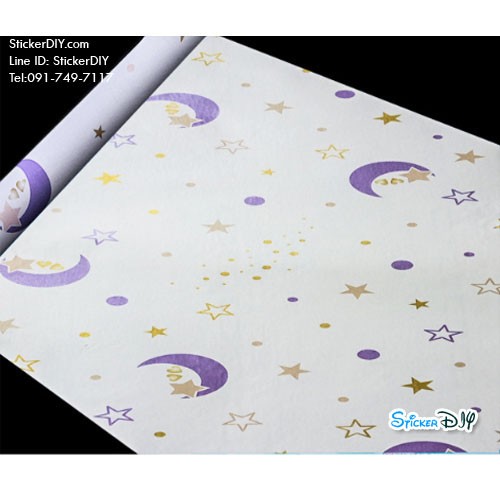 (กว้าง45cm.xยาว10m.)Wallpaper sticker วอลเปเปอร์แบบกาวในตัว พระจันทร์ดวงดาว