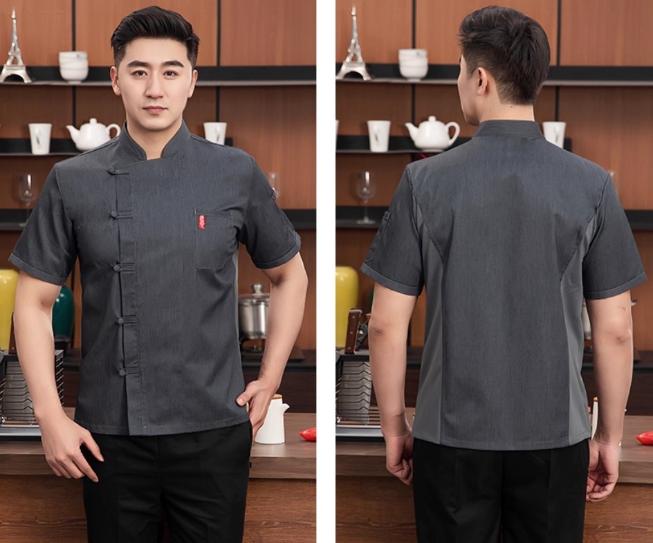 เสื้อเชฟสไตล์จีนติดกระดุมแขนสั้น เสื้อเชฟร้านอาหาร ด้านหลังเป็นผ้าระบายอากาศ