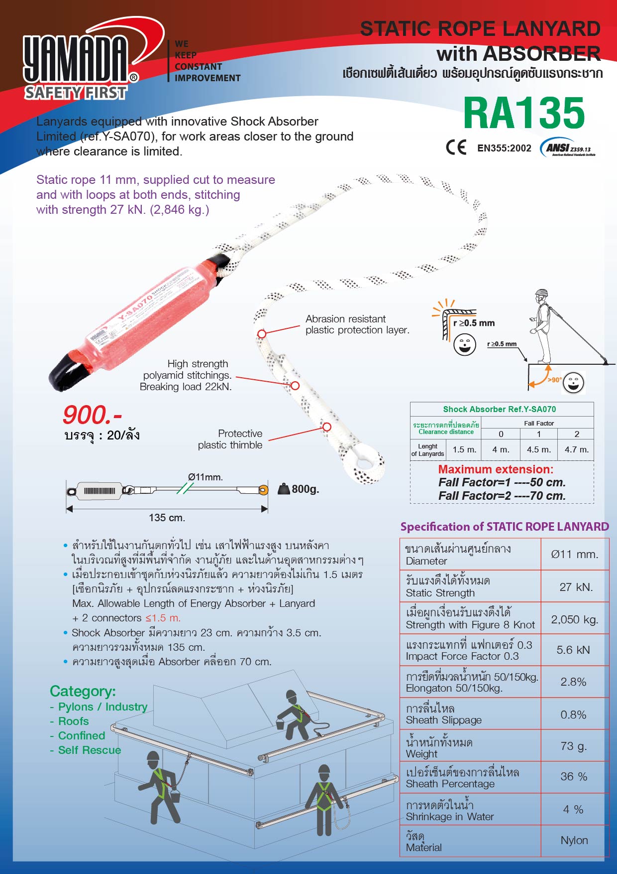 เชือกเซฟตี้พร้อมตัวดูดซับแรงกระชาก รุ่น RA135 ยี่ห้อ YAMADA