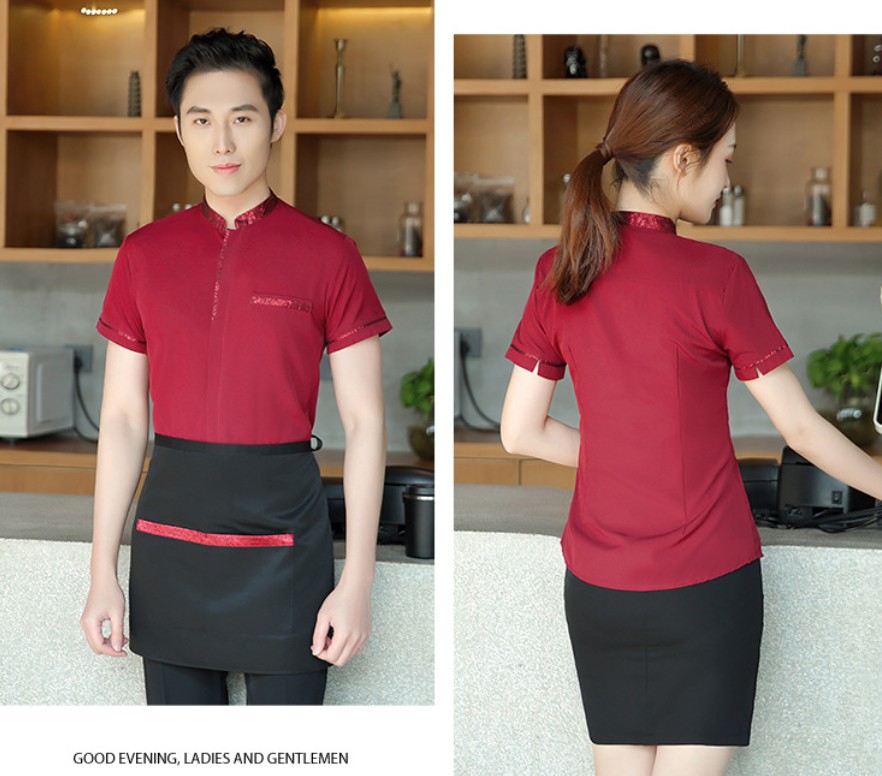 ชุดพนักงานเสริฟ ชุดพนักงานร้านอาหาร ร้านกาแฟ รีสอร์ท สีดำ สีแดง