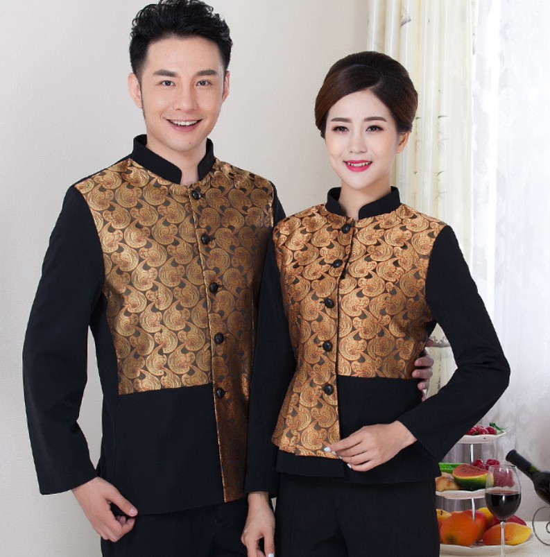 ชุดพนักงานเสริฟแบบแขนยาว ชุดพนักงานร้านอาหารสไตล์จีนแบบแขนยาว ชุดพนักงานห้องอาหารโรงแรม