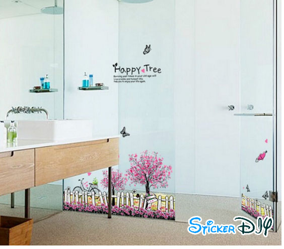 Transparent wall sticker สติ๊กเกอร์ติดผนัง รั้วต้นเชอรี่ชมพูม่วง HAPPY TREE (กว้าง108cm.xสูง55cm.)