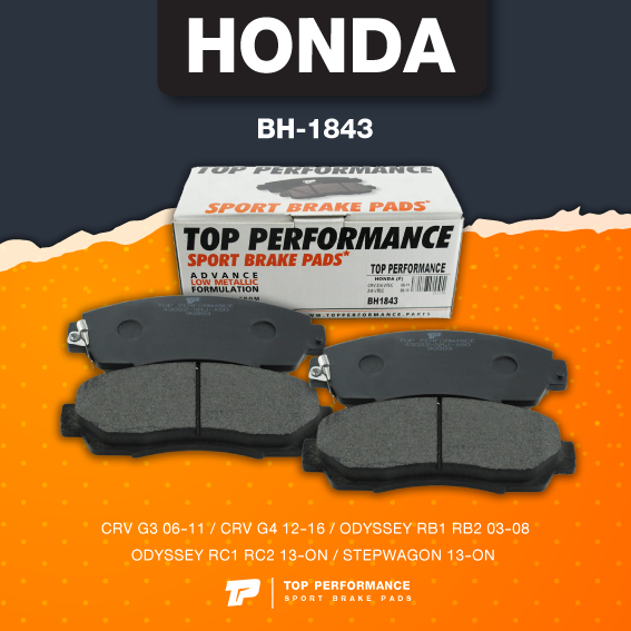 (ประกัน 3 เดือน) ผ้าเบรค หน้า HONDA CRV G3 G4 06-16 / ODYSSEY 03-ON / STEPWAGON 13-ON - TOP PERFORMANCE JAPAN - BH 1843 - ผ้าเบรก ฮอนด้า