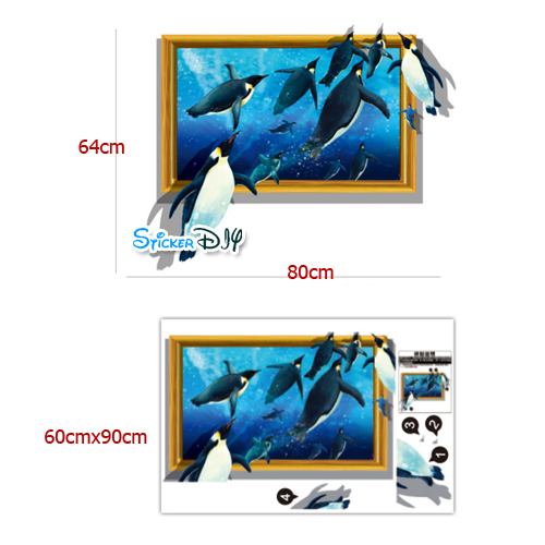 Transparent wall sticker สติ๊กเกอร์ติดผนัง 3D หน้าต่างโลกใต้น้ำของเพนกวิน (กว้าง80cm.xสูง64cm.)
