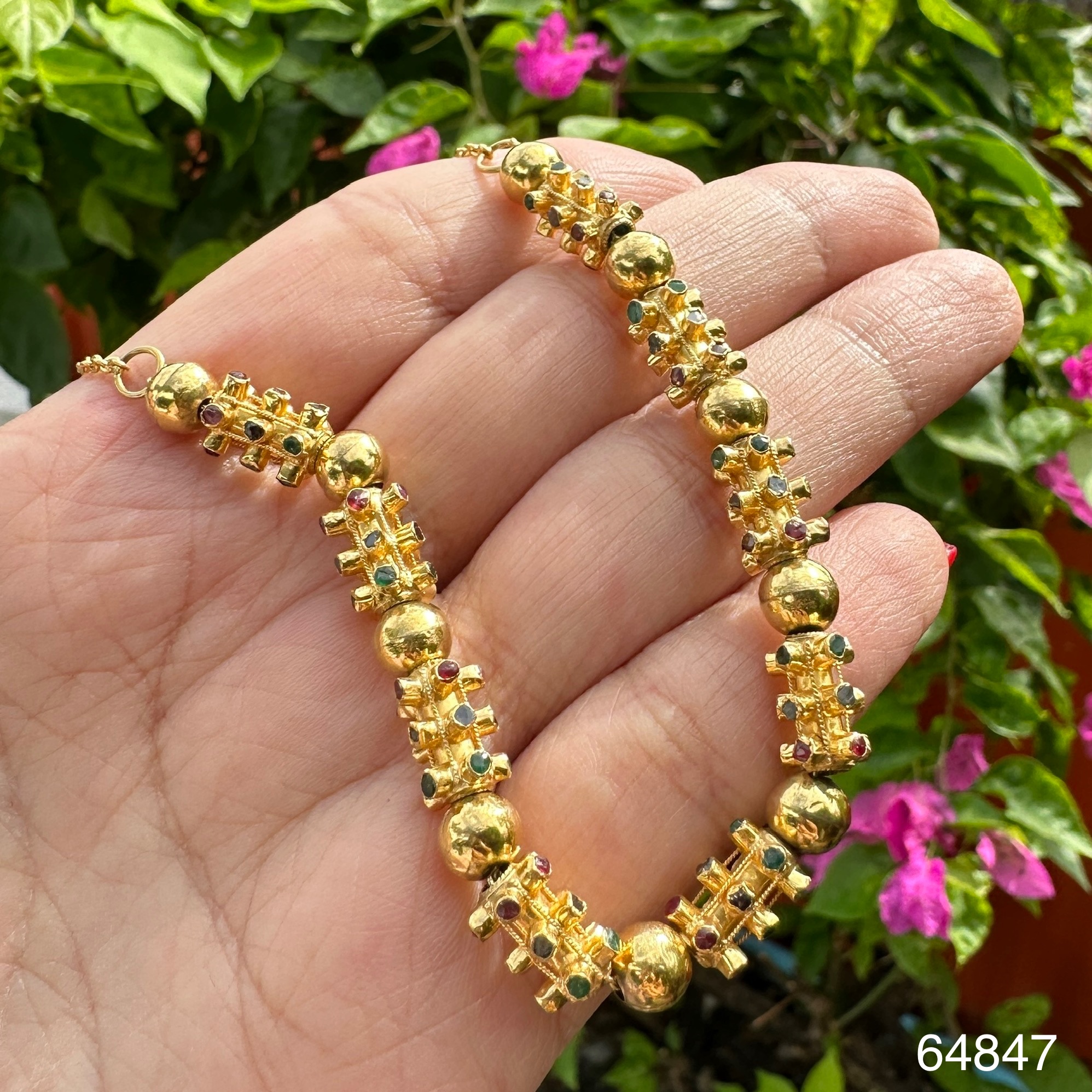 รหัส 64847 สร้อยคอ ปะวะหล่ำ 3 สี ทับทิม มรกต เพชรซีก ทอง90 ความยาว 17 - 18 นิ้ว นน. 16.49 g