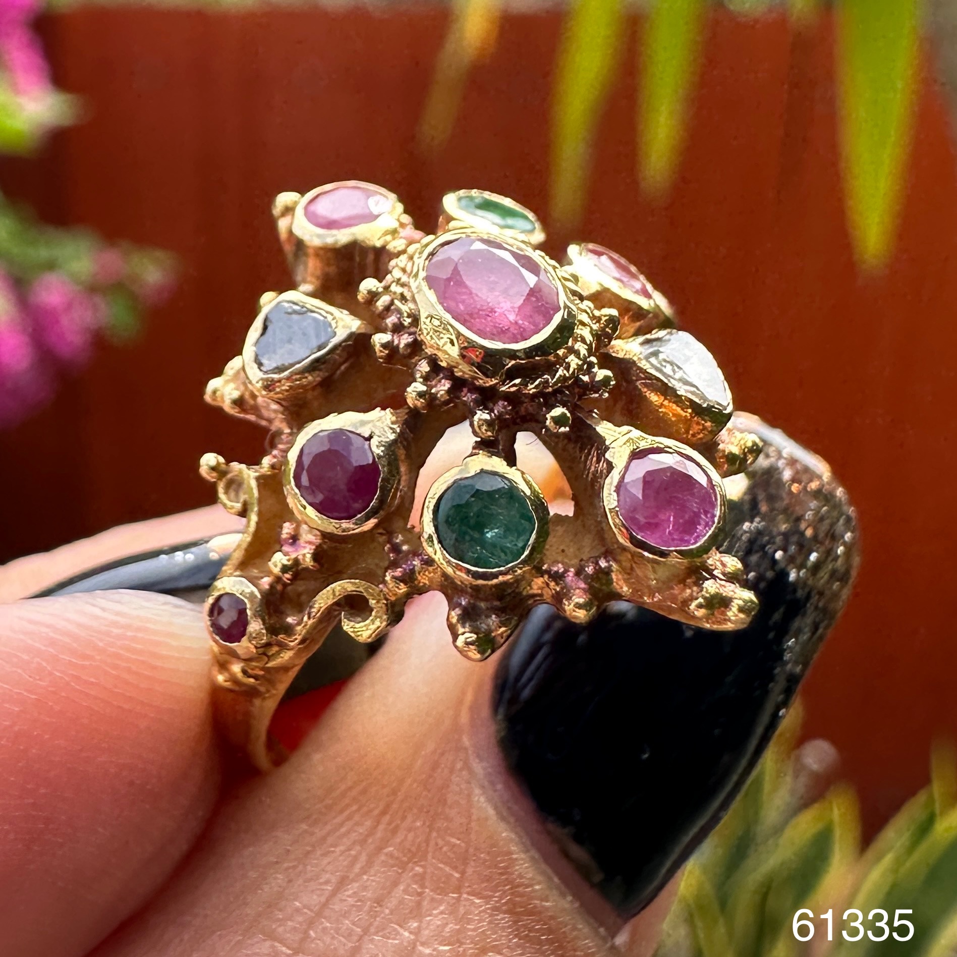 รหัส 61335 แหวน 3 สี ทับทิม มรกต เพชรซีก ทรงข้าวหลามตัด ทอง95 งานสวยน่าสะสม นน. 7.00 g