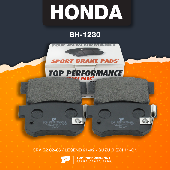 (ประกัน 3 เดือน) ผ้าเบรค หลัง HONDA CR-V G2 02-06 / LEGEND / SUZUKI SX4 11-ON - TOP PERFORMANCE JAPAN - BH 1230 - ผ้าเบรก ฮอนด้า ดีส เบรค