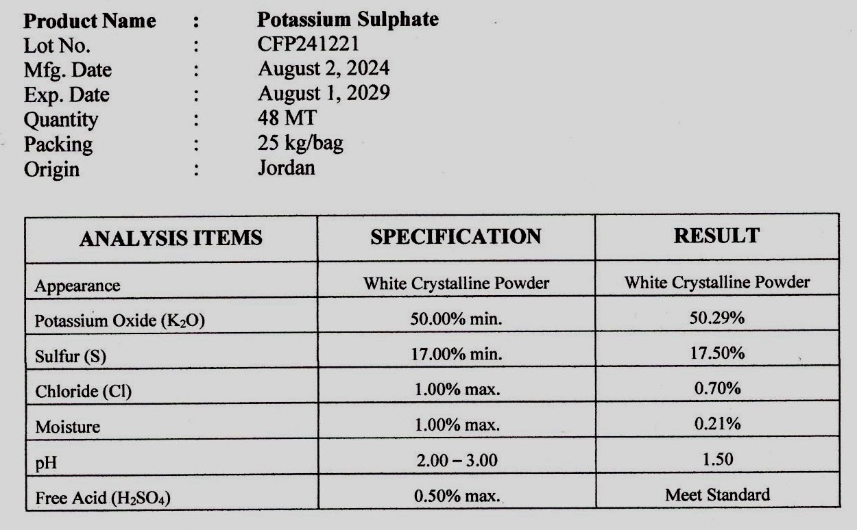 K2SO4 Potassium Sulphate SOP ปุ๋ยเกล็ด แฟร์-โอพี 0-0-50 +17S ปุ๋ยหวาน (CFP จอร์แดน) บรรจุ 25 กิโลกรัม