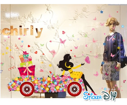 Transparent wall sticker สติ๊กเกอร์ติดผนัง Flower girl "Gift" (กว้าง130cm.xสูง100cm.)