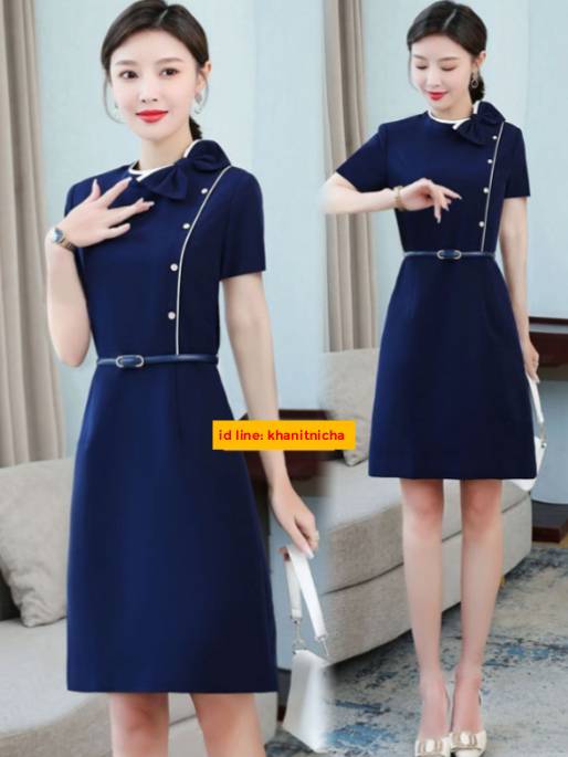 ชุดเดรสสีกรมท่า ชุดพนักงานต้อนรับ ชุดพนักงานออฟฟิศ ชุดพนักงานห้างสรรพสินค้า