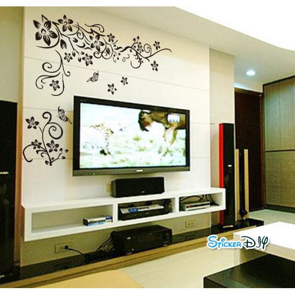 Transparent wall sticker สติ๊กเกอร์ติดผนัง Flower vine butterfly สไตล์ C (กว้าง100cm.xสูง80cm.)