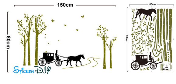 Transparent wall sticker สติ๊กเกอร์ติดผนัง รถม้าลากเกวียนในป่าเขียว (กว้าง150cm.xสูง80cm.)