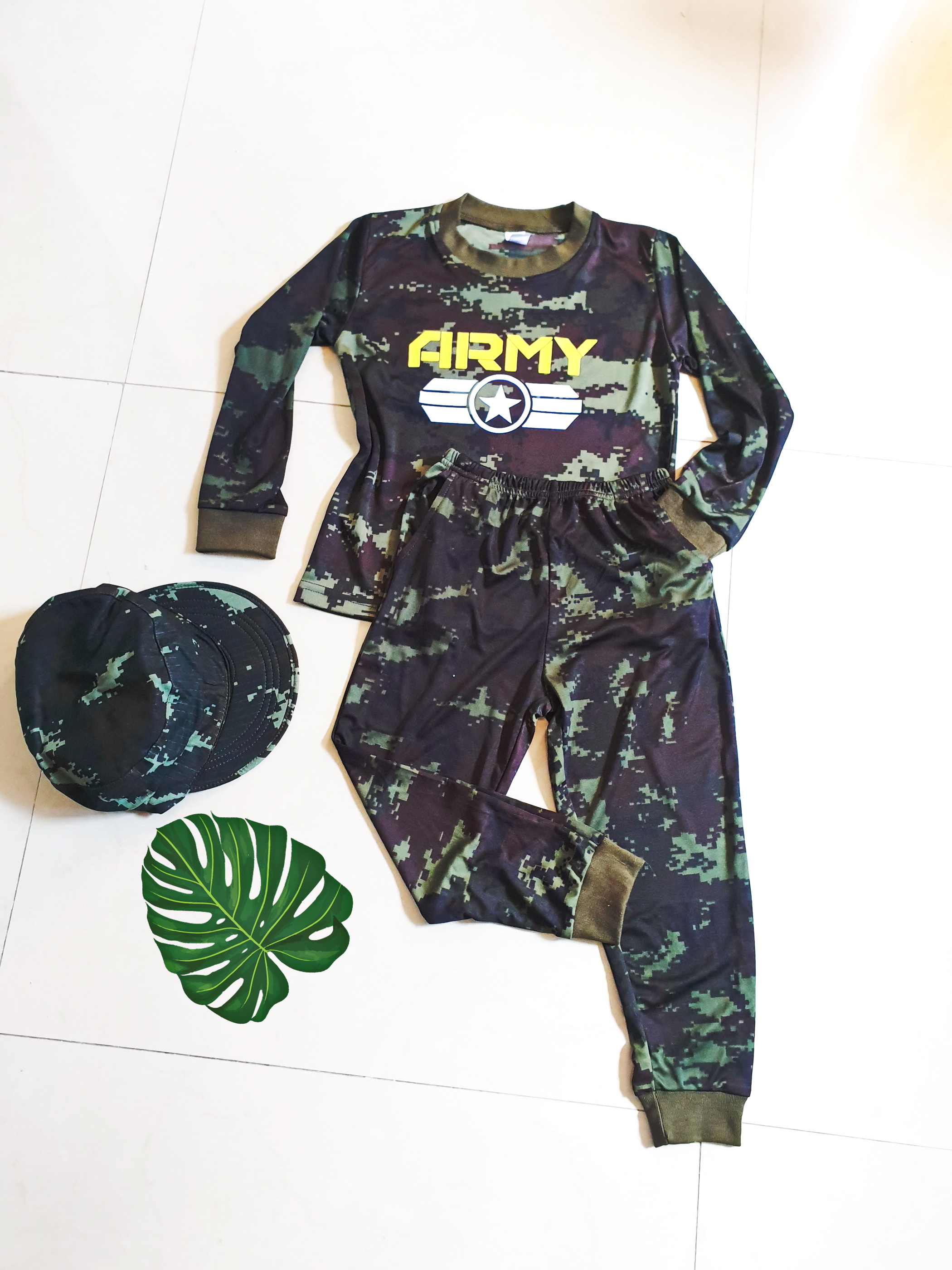 ชุดทหารเด็กผ้ายืดลายพราง แขนยาว ขายาว 2 ชิ้น มีหลายไซร์ ใส่ได้ทั้งูกชาย ลูกสาวค่ะ