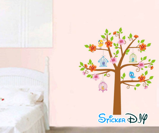 Transparent wall sticker สติ๊กเกอร์ติดผนัง ต้นไม้กรงนกดอกไม้สีสัน (กว้าง70m.xสูง80cm.)