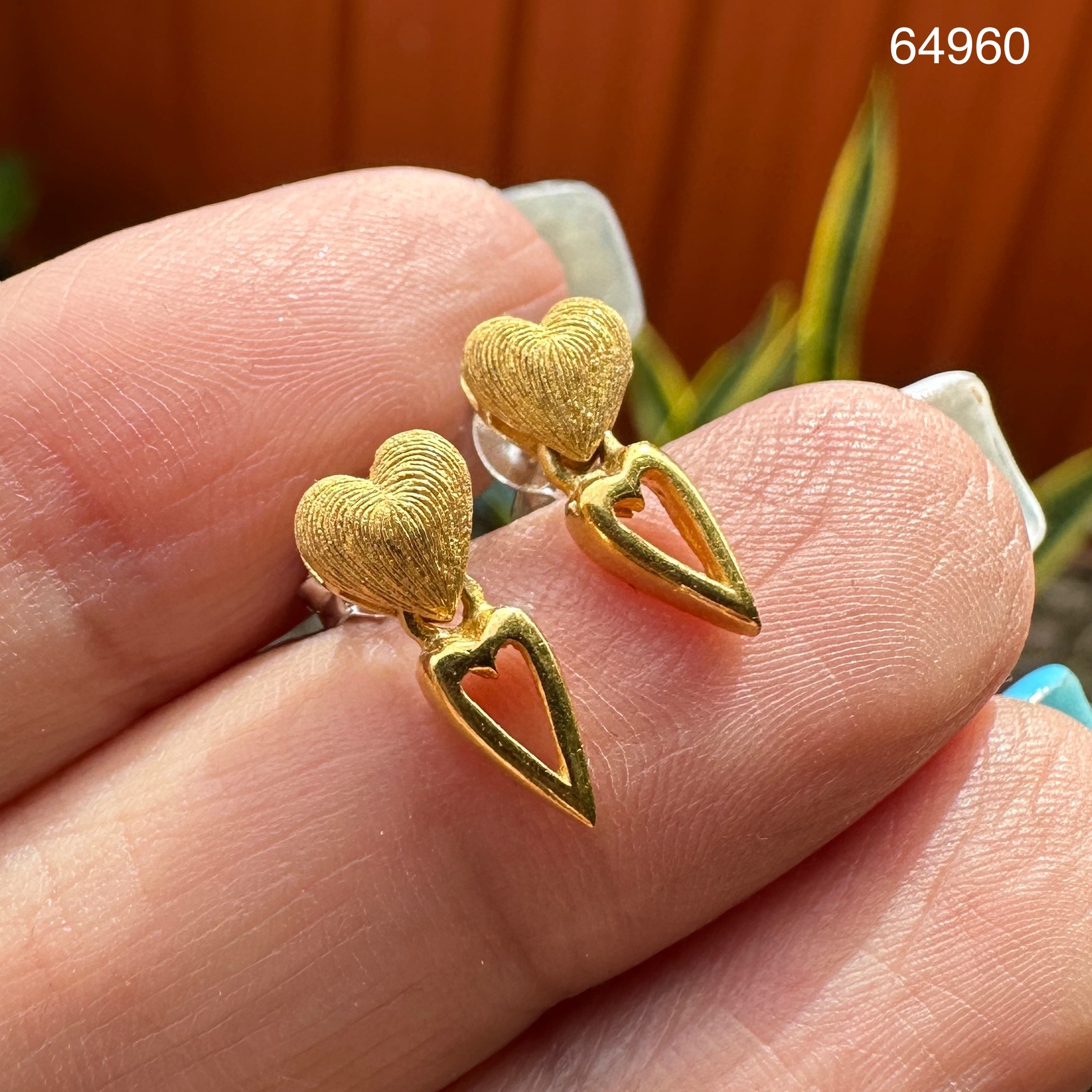 รหัส 64960 ต่างหู Prima Gold ทอง24K ลายหัวใจ ตุ้งติ้ง แป้นทอง14K นน. 2.65 g