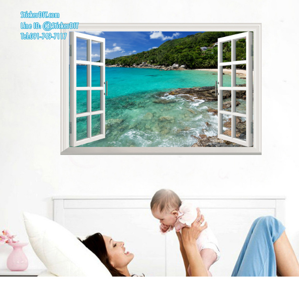 Wall Sticker สติ๊กเกอร์ติดผนัง 3D หน้าต่างวิวทะเล AF5013 (กว้าง90cm.xสูง60cm)