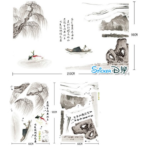 SALE BigSize wall sticker สติ๊กเกอร์ติดผนัง แนวจิตรกรรมฝาผนังทิวทัศน์จีน (กว้าง150cm.xสูง90cm.)